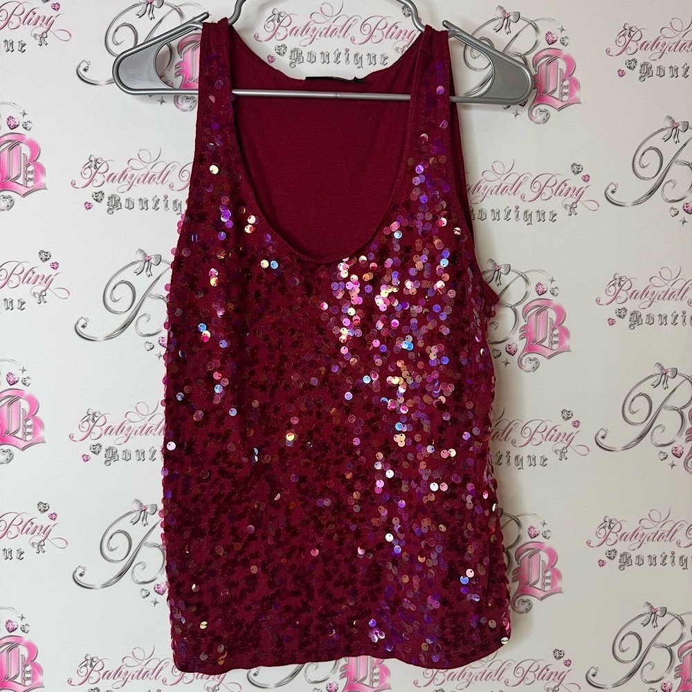 Apt. 9 Sparkling Red Sequin Tank Top embroidered sparkly glitter Y2K